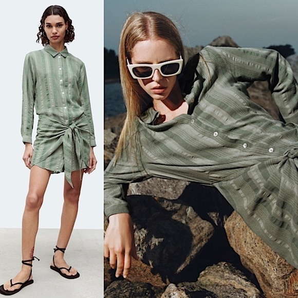 NWT ZARA Mini Dress Cotton Linen Sage Stripe Long Sleeve Tie Waist Shirtdress XS - Picture 1 of 13